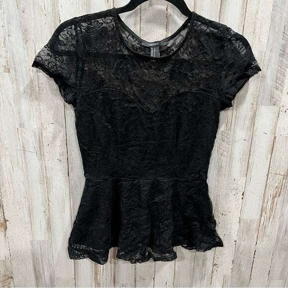 Forever 21 Black Lace Overlay Peplum Top Goth Wednesday - Picture 1 of 3